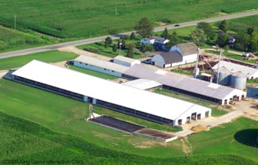An aerial view of a dairy barn
