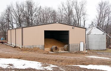 A steel building used for grain and hay storage